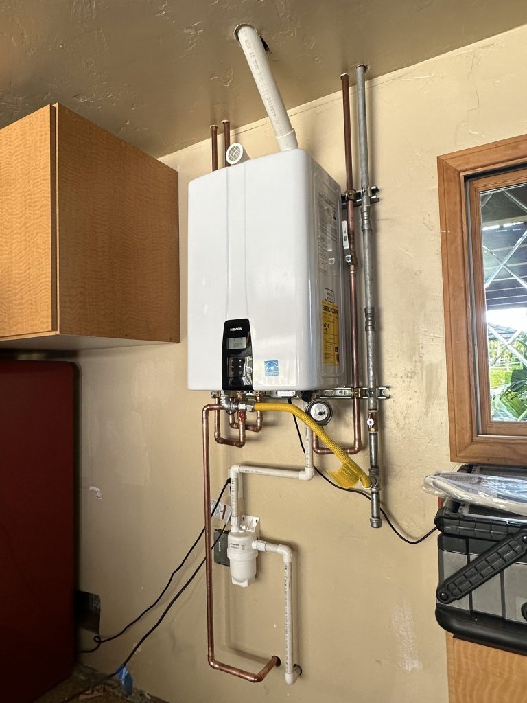 Navien tankless water heater installed in garage in Rancho Santa Fe home